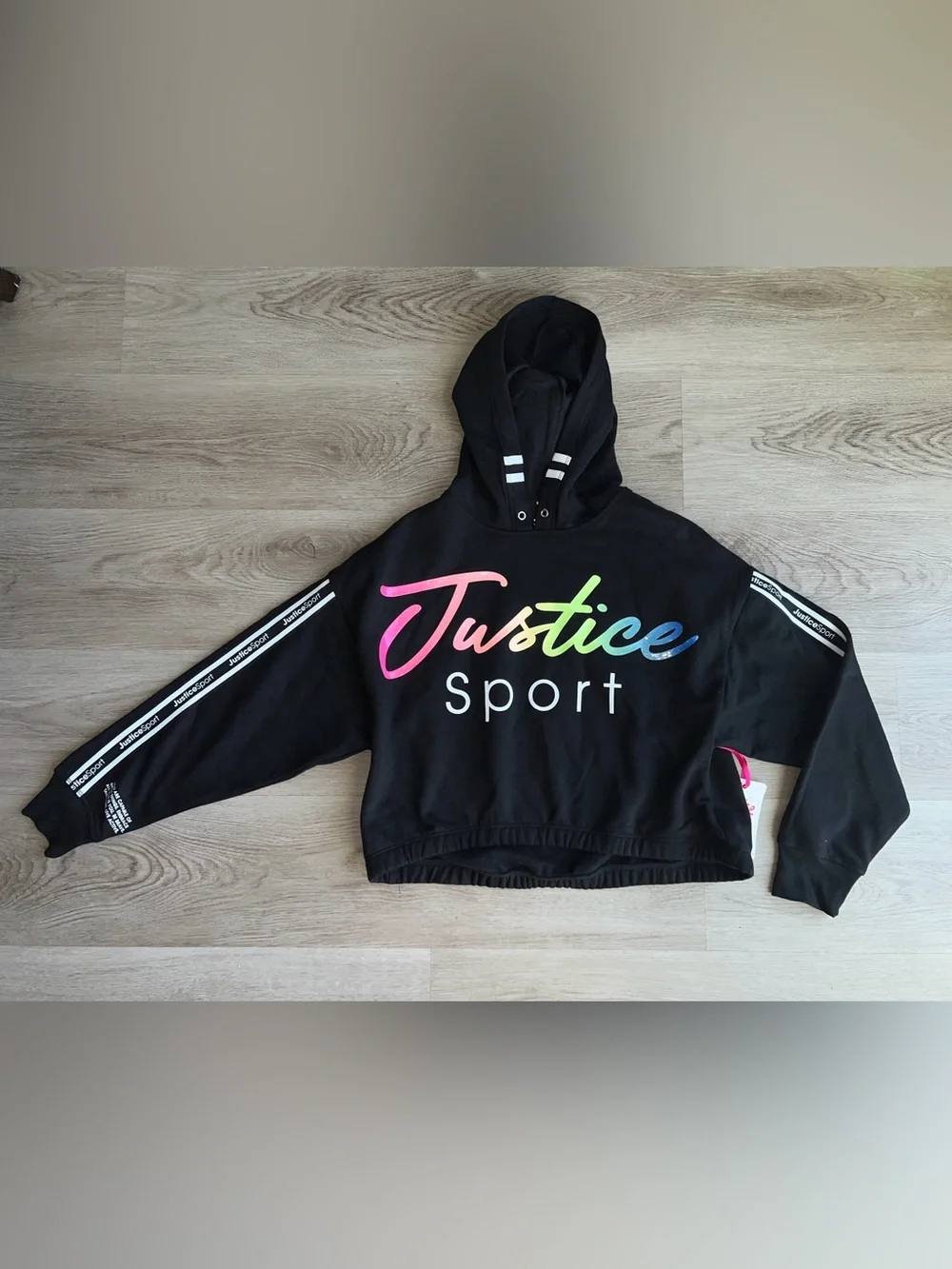 Justice Sport Girls Pullover Fleece Hoodie Black Glitter Logo Size L (12/14) NWT